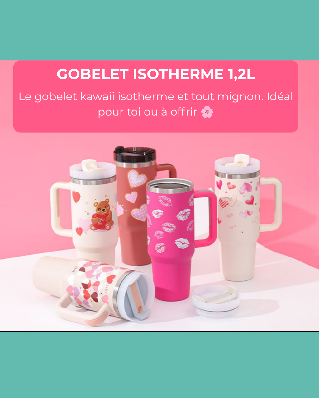 Gobelet isotherme 1,2L avec poignée et paille kawaii + couvercle et paille de remplacement disponibles