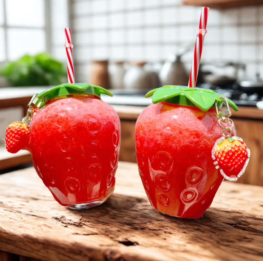 Gourde Fraise Kawaii 500ml avec Paille et Breloque