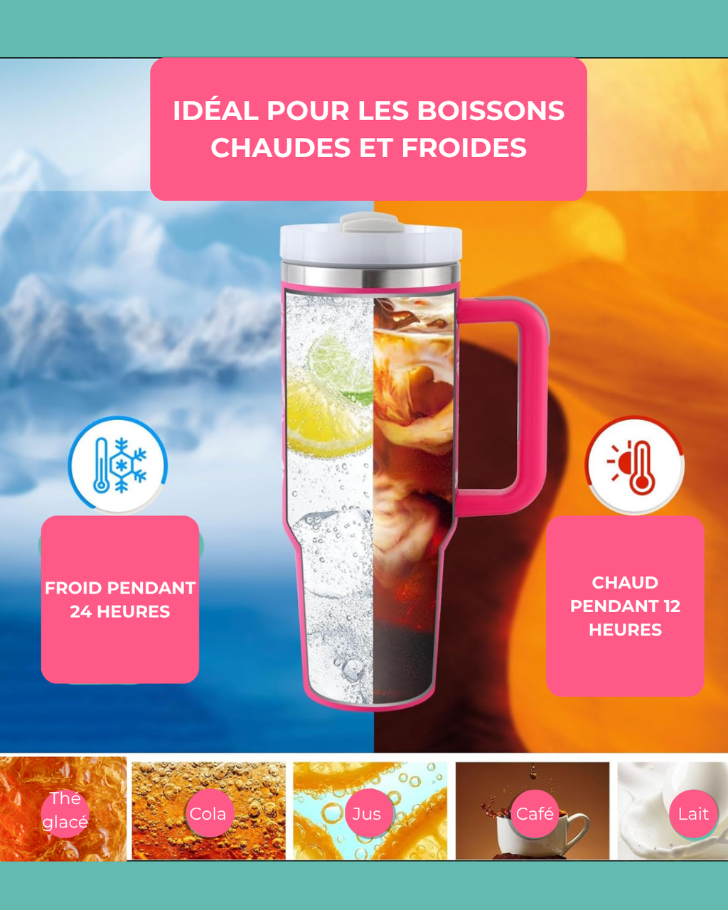 Gobelet isotherme 1,2L avec poignée et paille kawaii + couvercle et paille de remplacement disponibles