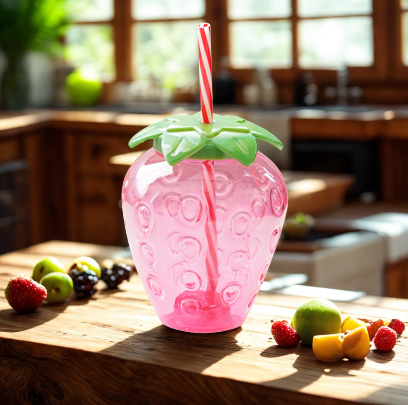 Gourde Fraise Kawaii 500ml avec Paille et Breloque