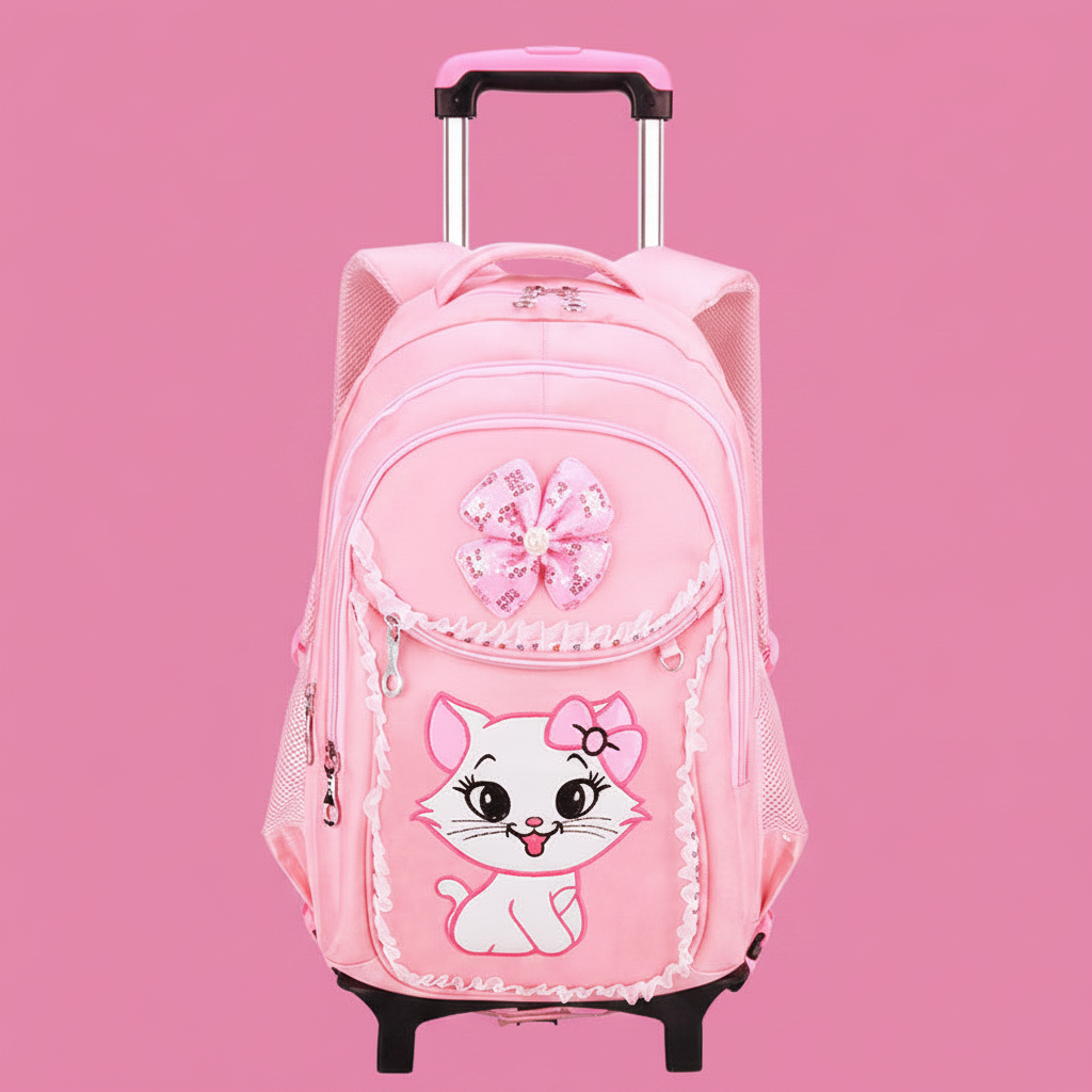 Cartable à roulettes chat kawaii rose - 2 roues classiques