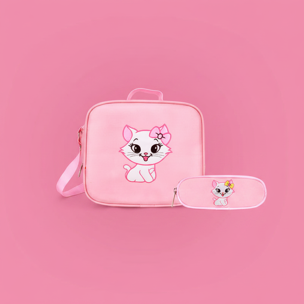 Set sacoche et trousse chat kawaii rose