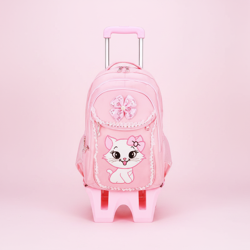 Cartable à roulettes chat kawaii rose - 6 roues sur pieds hauts
