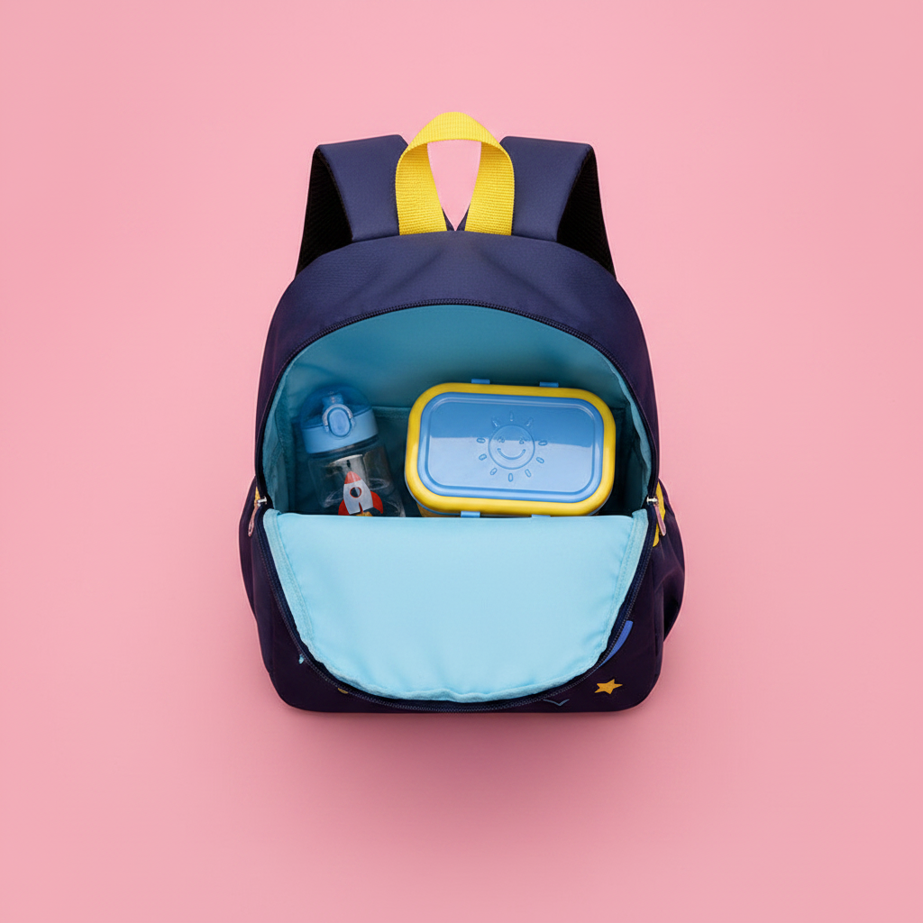 Intérieur du sac avec gourde et boîte à goûter