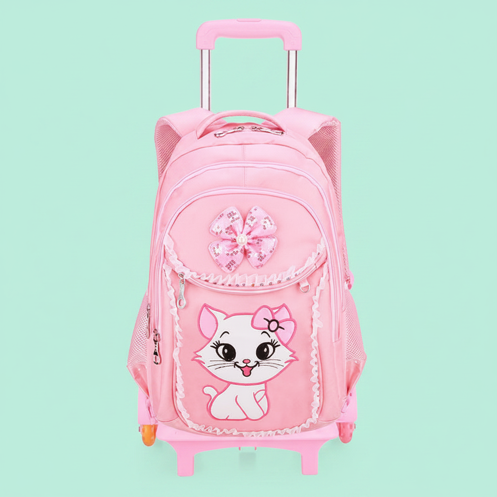 Cartable à roulettes chat kawaii rose - 6 roues