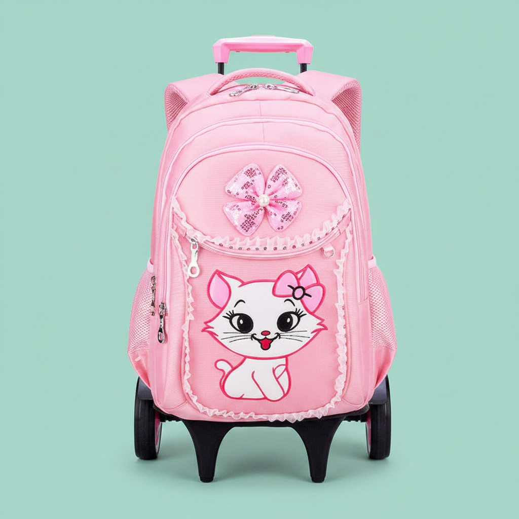 Cartable à roulettes chat kawaii rose - 2 grandes roues larges