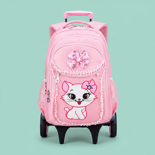 Cartable à roulettes chat kawaii rose - 2 grandes roues larges