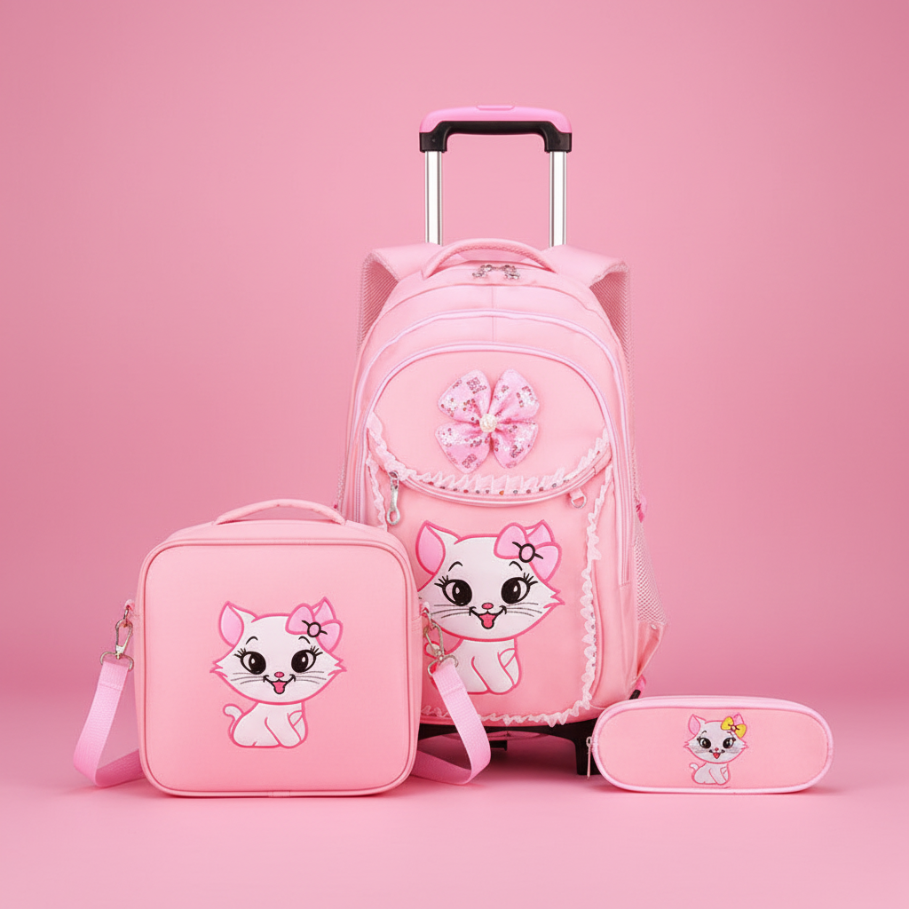 Cartable à roulettes primaire. Motif chat kawaii rose
