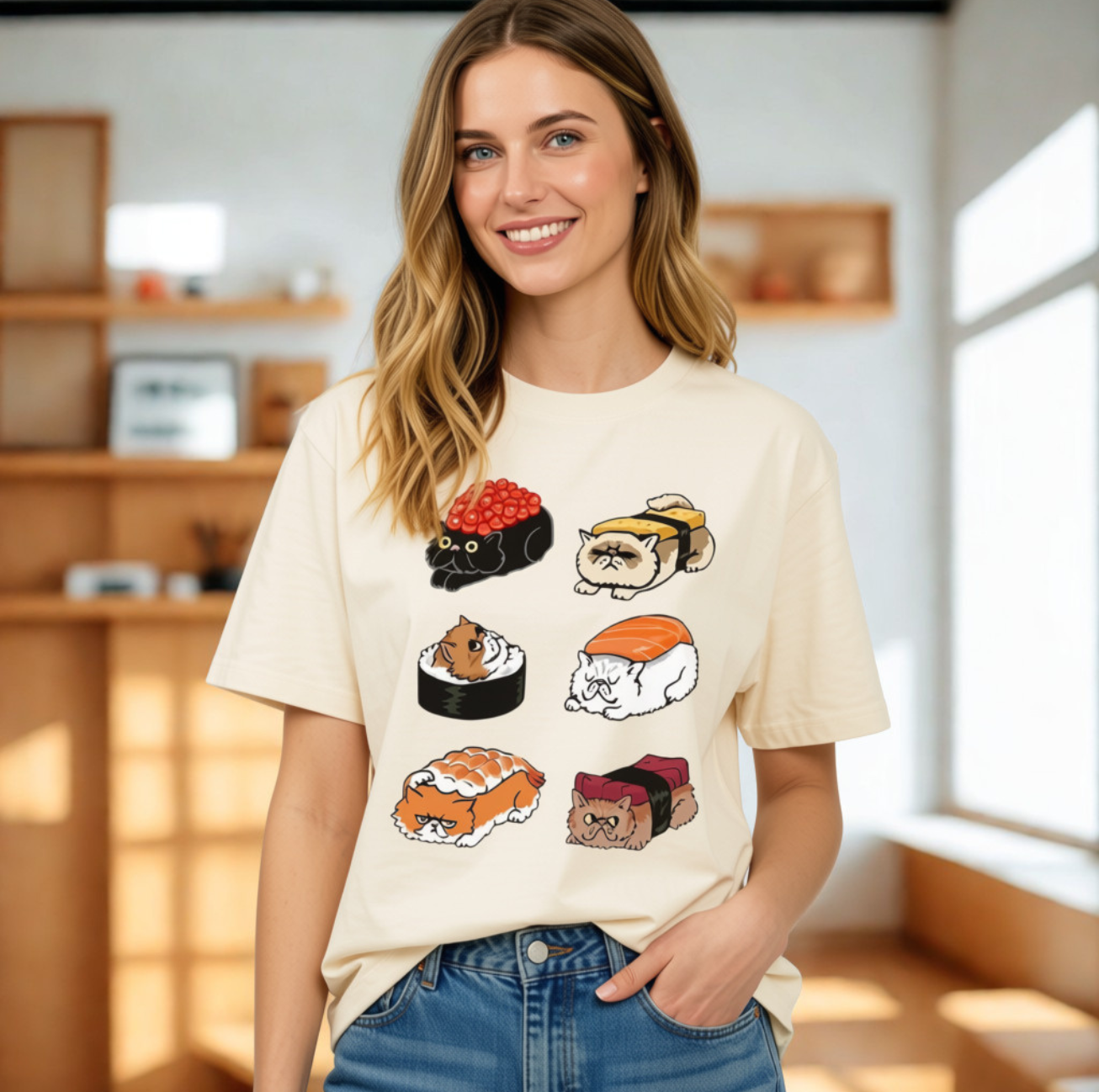 T-shirt Kawaii Chats en Sushis Manches Courtes