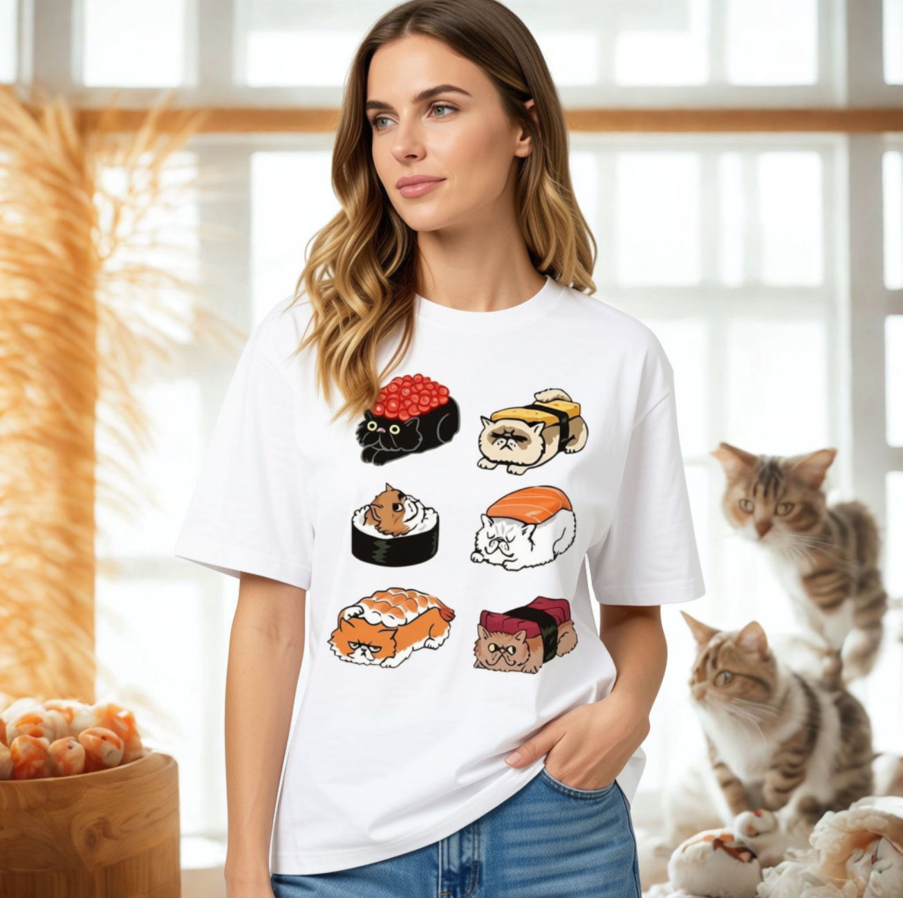 T-shirt Kawaii Chats en Sushis Manches Courtes