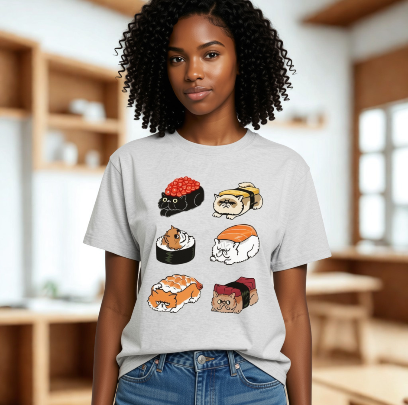 T-shirt Kawaii Chats en Sushis Manches Courtes