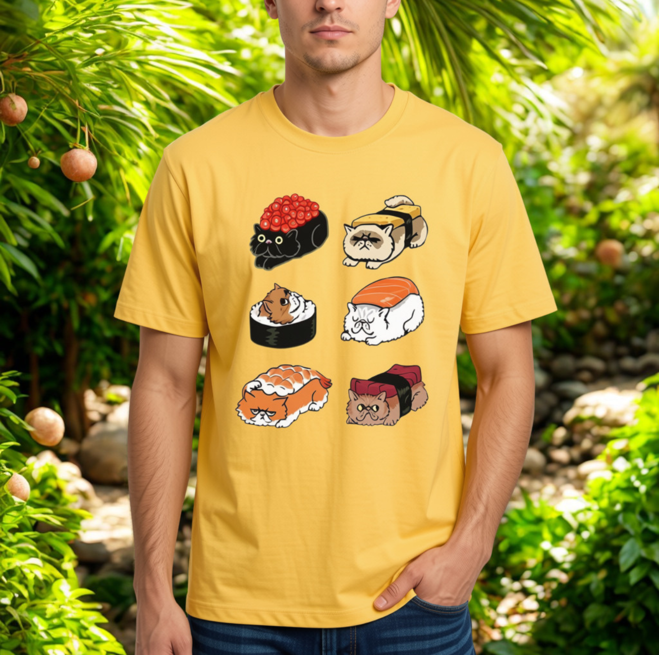 T-shirt Kawaii Chats en Sushis Manches Courtes