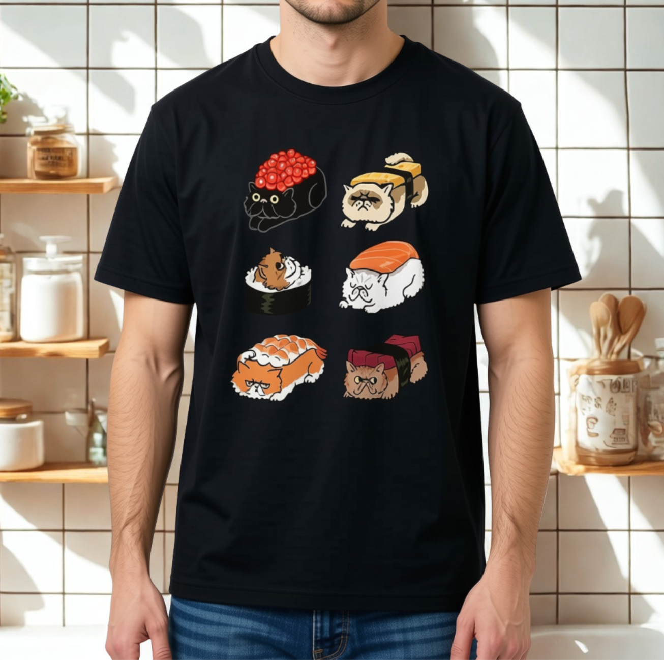 T-shirt Kawaii Chats en Sushis Manches Courtes