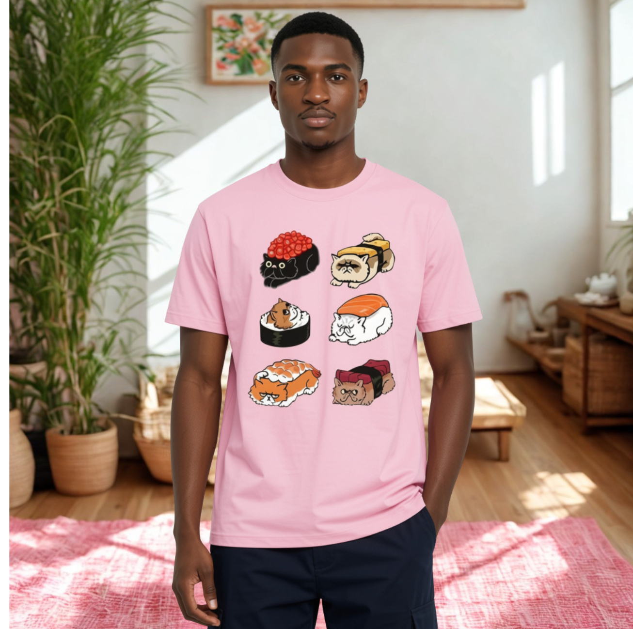 T-shirt Kawaii Chats en Sushis Manches Courtes