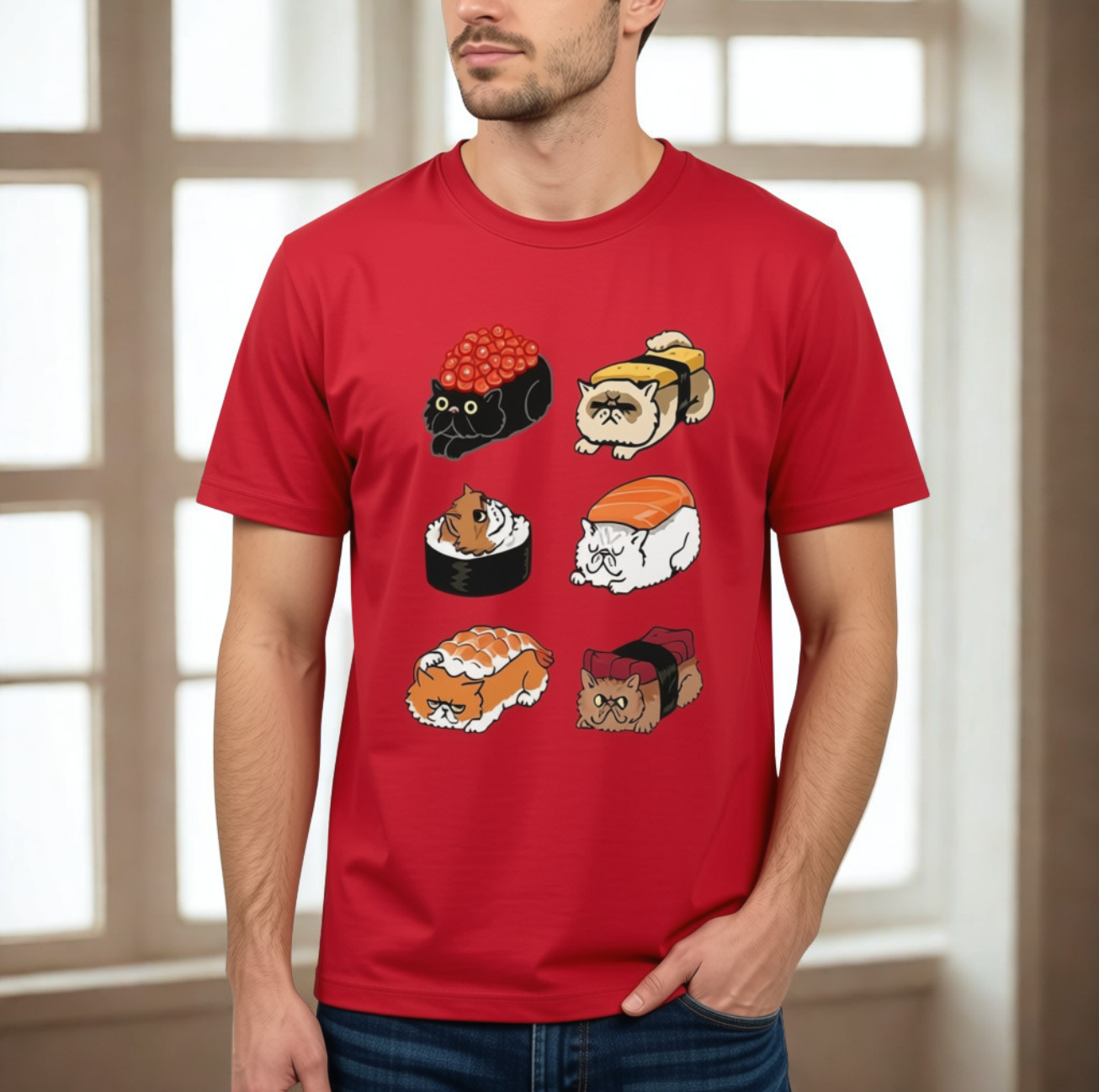 T-shirt Kawaii Chats en Sushis Manches Courtes